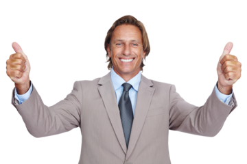 Portrait, happy and business man with thumbs up isolated on a transparent png background. Success, hand gesture and mature person with like emoji for agreement, excellence or yes, approval or winning