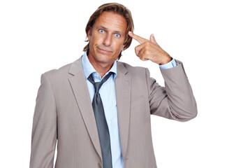 Portrait, hand gun or businessman pointing to head for a stupid mistake, job ideas or bad mental health. Crazy stress, depression or tired employee thinking isolated on transparent png background - obrazy, fototapety, plakaty