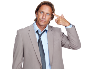 Portrait, hand gun or businessman pointing to head for a stupid mistake, job ideas or bad mental health. Crazy stress, depression or tired employee thinking isolated on transparent png background