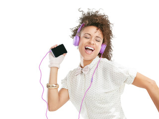 Mobile, dance or happy woman singing in headphones for music, radio or audio on png background....