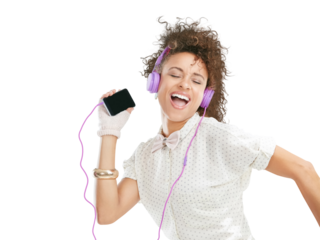 Mobile, dance or happy woman singing in headphones for music, radio or audio on png background. Cool fashion, freedom or crazy Brazilian girl dancer streaming fun online song or dancing isolated