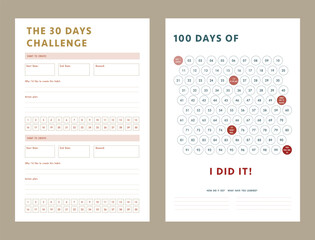 100, 30 Day challenge and goal Planner. Plan your day make dream happen.	