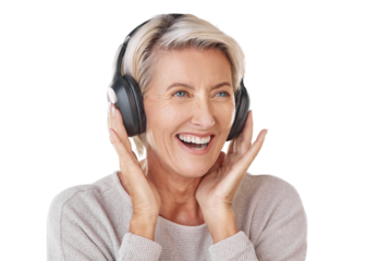 Thinking, music and PNG with a senior woman isolated on a transparent background while listening to the radio. Happy, smile and idea with a mature female streaming audio via a subscription service