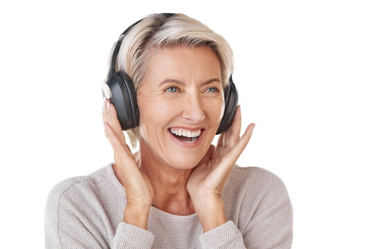 Thinking, music and PNG with a senior woman isolated on a transparent background while listening to the radio. Happy, smile and idea with a mature female streaming audio via a subscription service