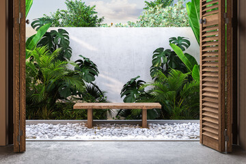 A comfortable seating area among the pebbles in the backyard, surrounded by plants and trees hidden behind the wall. The sunny sahbah adds a cozy touch to the space. 3d Rendering