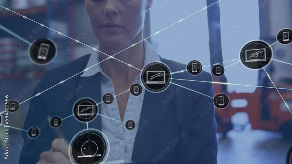 Poster Animation of network of connections with icons over caucasian businesswoman working in warehouse