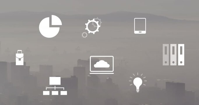 Animation of icona and financial data processing over cityscape