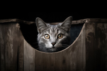 A cat peeking out of a wooden container - Generative AI
