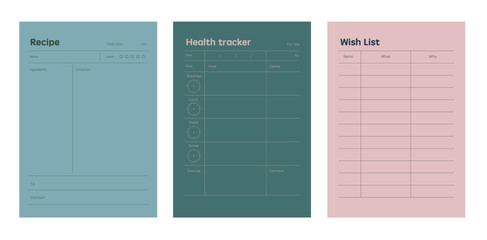 Recipe Healthtracker wishlist planner. Business organizer page. Paper sheet. Realistic vector illustration.