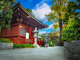 Travel Japan. Tokyo parks. Asakusa temple grounds. Buildings in buddhist style. Religious sites of Japan. Excursions in Tokyo. Guide in capital of Japan. Tokyo in summer weather. Asian architecture
