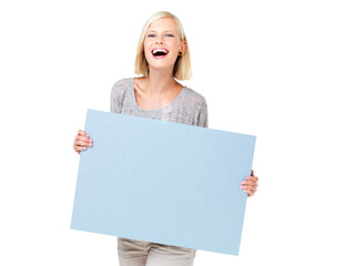 Fototapeta premium Mockup, laughing and portrait of woman with board isolated on a transparent png background. Product placement, advertising or person with marketing poster for branding, promotion or commercial space.