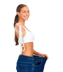Diet, weightloss and portrait of a happy woman with measuring tape, jeans and smile. Fitness,...
