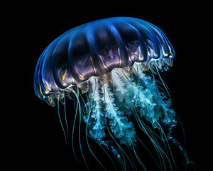 Close - up of a fascinating jellyfish, its delicate and ethereal structure illuminated against the deep blue ocean backdrop.