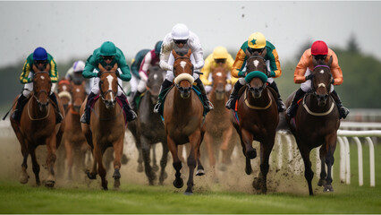 Horse racing scene in front of the goal, AI-generated