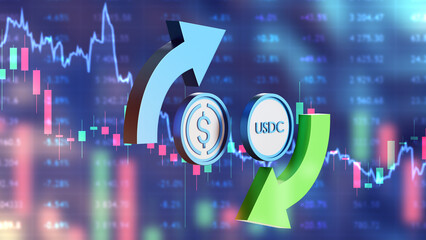 USDc trading. Investing in stablecoin. Dollar to cryptocurrency exchange. Buy USDc. Sale of blockchain money. Trading USDc coins. Blue quotes fluctuating stable cryptocurrency. 3d image