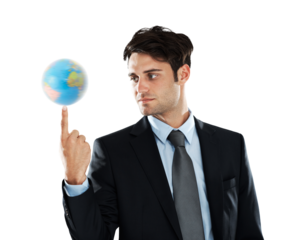 Globe, earth on finger and business man for networking on isolated, png and transparent background. International, professional and male entrepreneur with world for branding, global travel and map