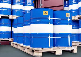 Warehouse of chemistry. Blue barrels on pallets. Tanks with flammable symbol. Metal barrels for chemistry. Products of petrochemical enterprise. Barrels for transporting chemistry liquids. 3d image