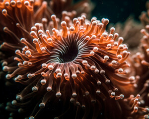 Close-up of a coral polyp, its delicate tentacles reaching out in search of food.