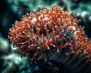 Close-up of a coral polyp, its delicate tentacles reaching out in search of food.