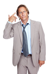 Portrait, crazy or businessman with hand gun for work deadlines, stupid mistakes or mental health...