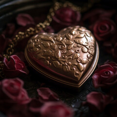Close-up of a heart-shaped locket, intricately designed and lying on a bed of rose petals.