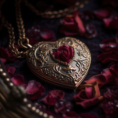 Close-up of a heart-shaped locket, intricately designed and lying on a bed of rose petals.