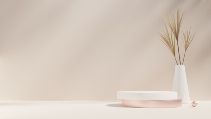 White empty podium or pedestal for product presentation. Round mockup platform on beige background. 3d rendering