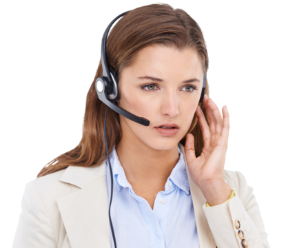 Call center, telemarketing and serious woman thinking isolated on a transparent png background. Customer service, listening and female person, sales agent or business consultant with crm headset.