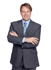 Business, arms crossed and portrait of man on png background for executive, professional and corporate. Happy, smile and focus with male isolated on transparent for ceo, manager and confidence