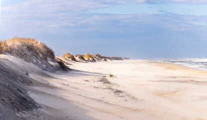Sun illuminating row of Sand Dunes in sun at Pea Island National Wildlife Refuge, Cape Hatteras...