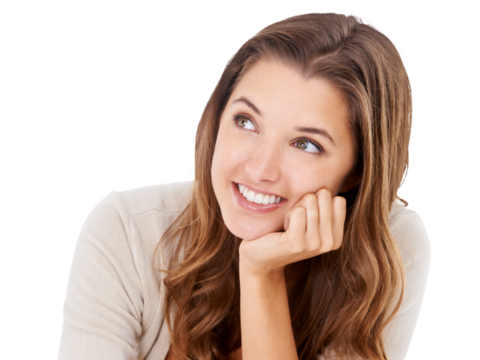 Woman, face and thinking of happy idea with beauty and smile isolated on png, transparent background. Young female model think of positive mindset, natural skin choice and happiness or memory