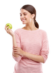 Woman, smile with apple and health, nutrition and diet, healthy food isolated on transparent, png...