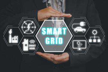 Smart grid concept, Person hand holding smart grid icon on virtual screen.