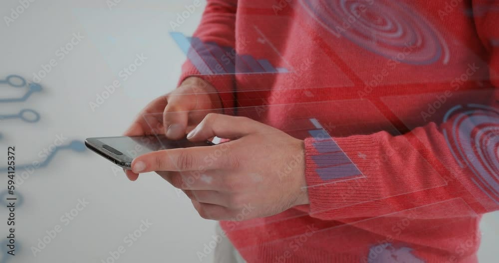 Poster animation of data processing over caucasian man using phone