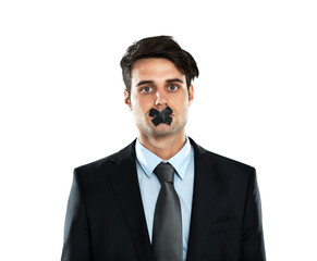 Portrait, censorship and PNG with a business man isolated on a transparent background for silence or secrecy. Face, mouth or tape with a young male employee suffering a human rights violation at work