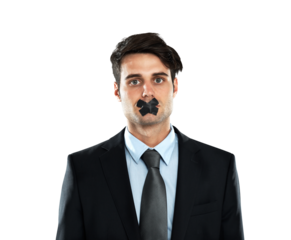 Portrait, censorship and PNG with a business man isolated on a transparent background for silence or secrecy. Face, mouth or tape with a young male employee suffering a human rights violation at work