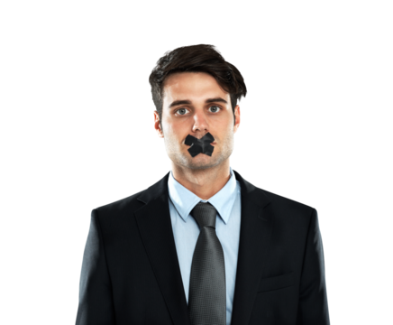 Portrait, censorship and PNG with a business man isolated on a transparent background for silence or secrecy. Face, mouth or tape with a young male employee suffering a human rights violation at work