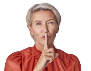 Senior woman, finger and secret in portrait by png background for noise, silence and gossip. Elderly female, isolated model or business woman with hand gesture by closed mouth for private information