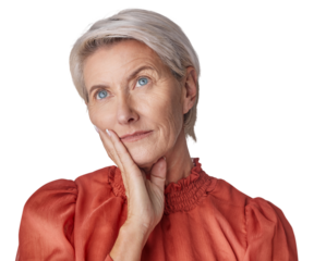 Senior woman, thinking and vision by transparent png background with ideas, worry and memory of past life. Isolated, elderly female model and concentration to remember, focus and problem on mind