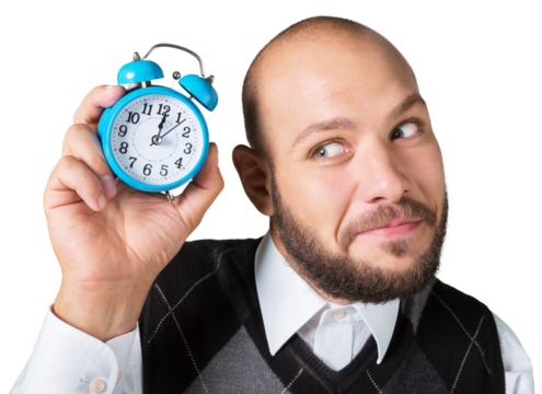 Man holding alarm clock isolated on white background - Powered by Adobe