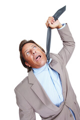 Choking, tie and PNG with a business man isolated on a transparent background to gesture suicide. Stress, burnout or hanging with a mature business man suffering from anxiety while feeling overworked