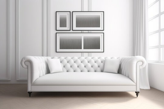 modern living room White modern sofa and blank photo frame bright white interior design,  Generative AI