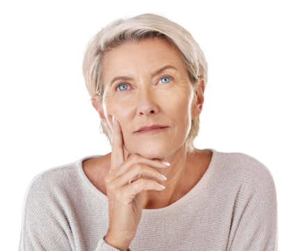 Face, thinking and finger of senior woman looking thoughtful and png isolated on a transparent background. Idea, wellness and mindset with a mature female contemplating a thought, choice or decision