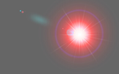 Digital lens flare, red beam of light isolated on png or transparent background, sun glow and solar...