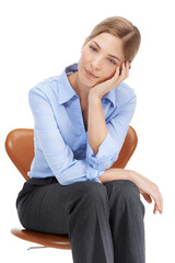 Fototapeta premium Thinking, bored and PNG with a business woman on a chair isolated against a transparent background while waiting. Idea, delay and late with an attractive young female employee sitting on a seat