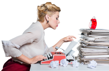 Retro woman working in office with vintage typewriter and phone, dressed in pin-up style