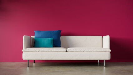 Front view of a two-seater white sofa with a magenta red wall behind it. 3d rendering