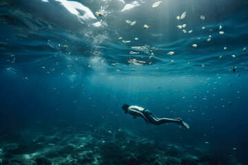 Man swimming underwater with plastic bottles and other waste floating around him, high quality generative ai