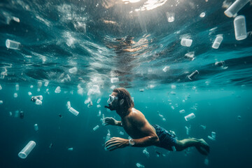 Obraz na płótnie Canvas Man swimming underwater with plastic bottles and other waste floating around him, high quality generative ai