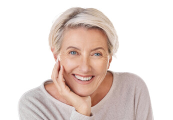 Portrait, smile and senior woman isolated on a transparent PNG background and feeling happy or...